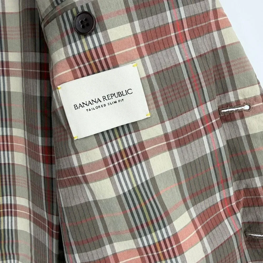 Banana Republic Beige Gray Pink Shabby Chic Plaid Tailored Slim Blazer Size 38